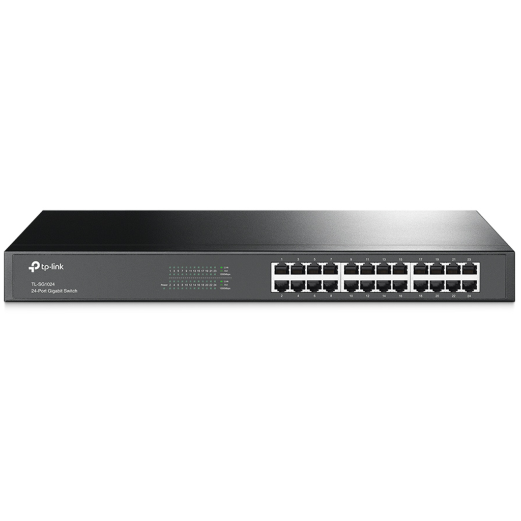 Tplink 24-port Gigabit Switch, 24 10/100/1000M RJ45 ports,1U 19-inch rack-mountable steel case
